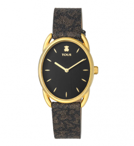 Reloj Dai de acero IP dorado con correa de piel Kaos negra